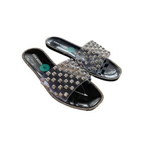 Steve Madden Womens Clear Black Jynn Studded Rhinestone Slide Sandals Size 8